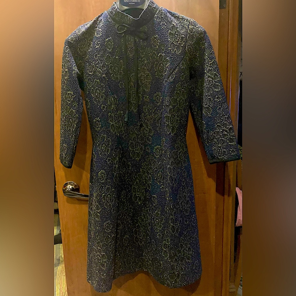 Knee length A line, navy blue and gold dress, US size 6 with 3/4 sleeve